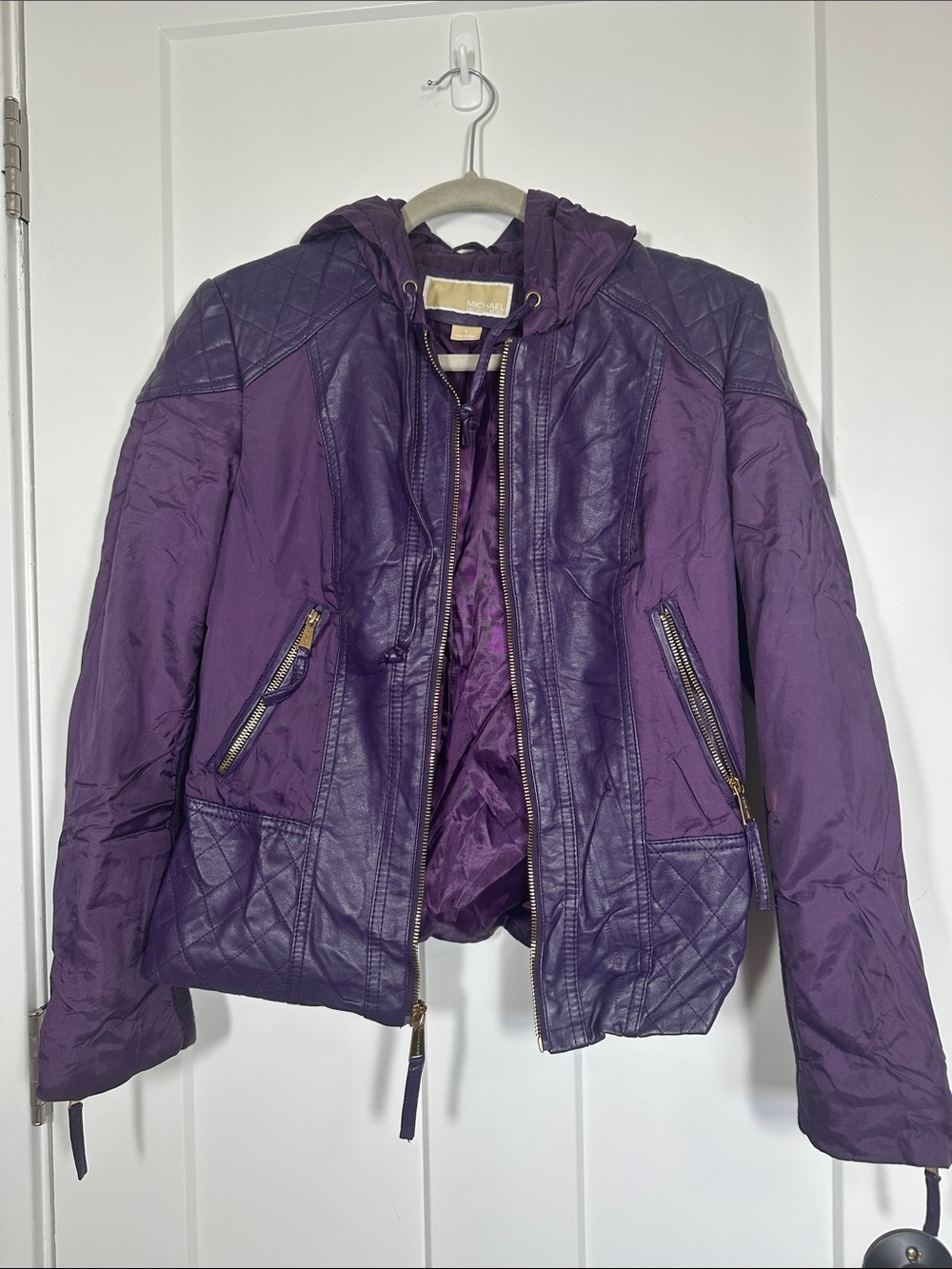 Michael Kors Women's Quilted Purple Leather Hooded Jacket